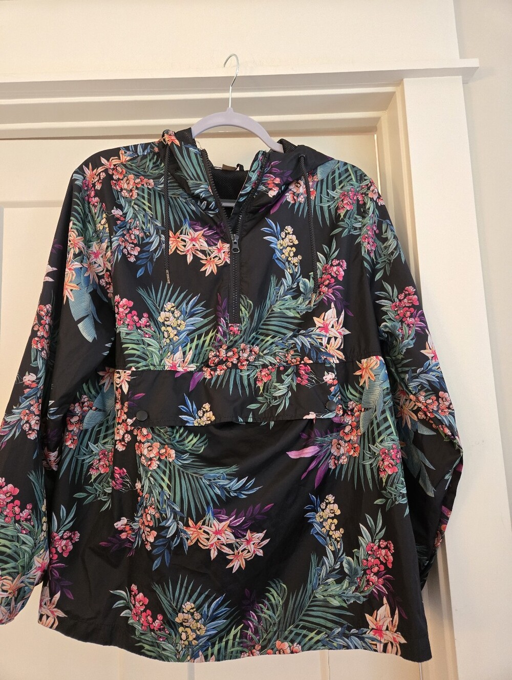 Womans Windbreaker Tropical Print Hooded Pullover 1/2 Zip